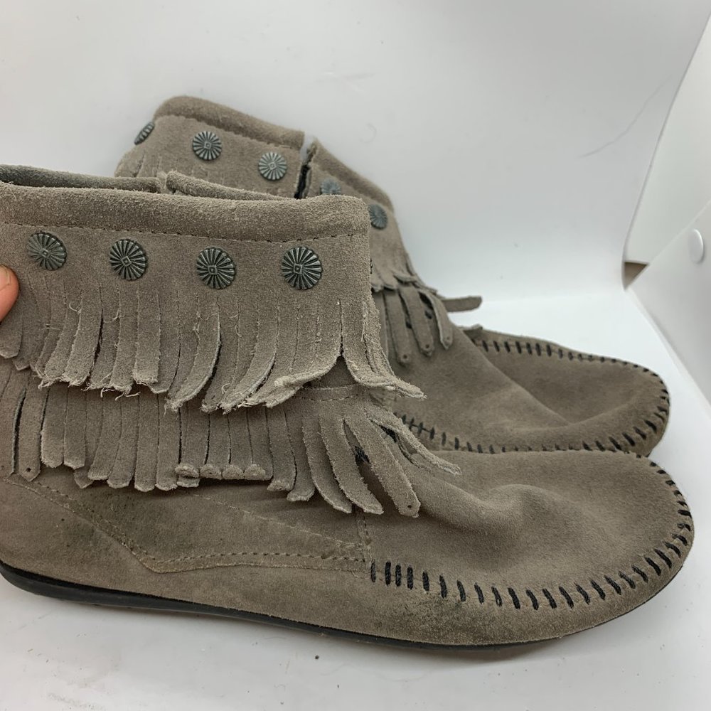 Minnetonka double fringe zip leather boot grey 7 - Picture 2 of 10